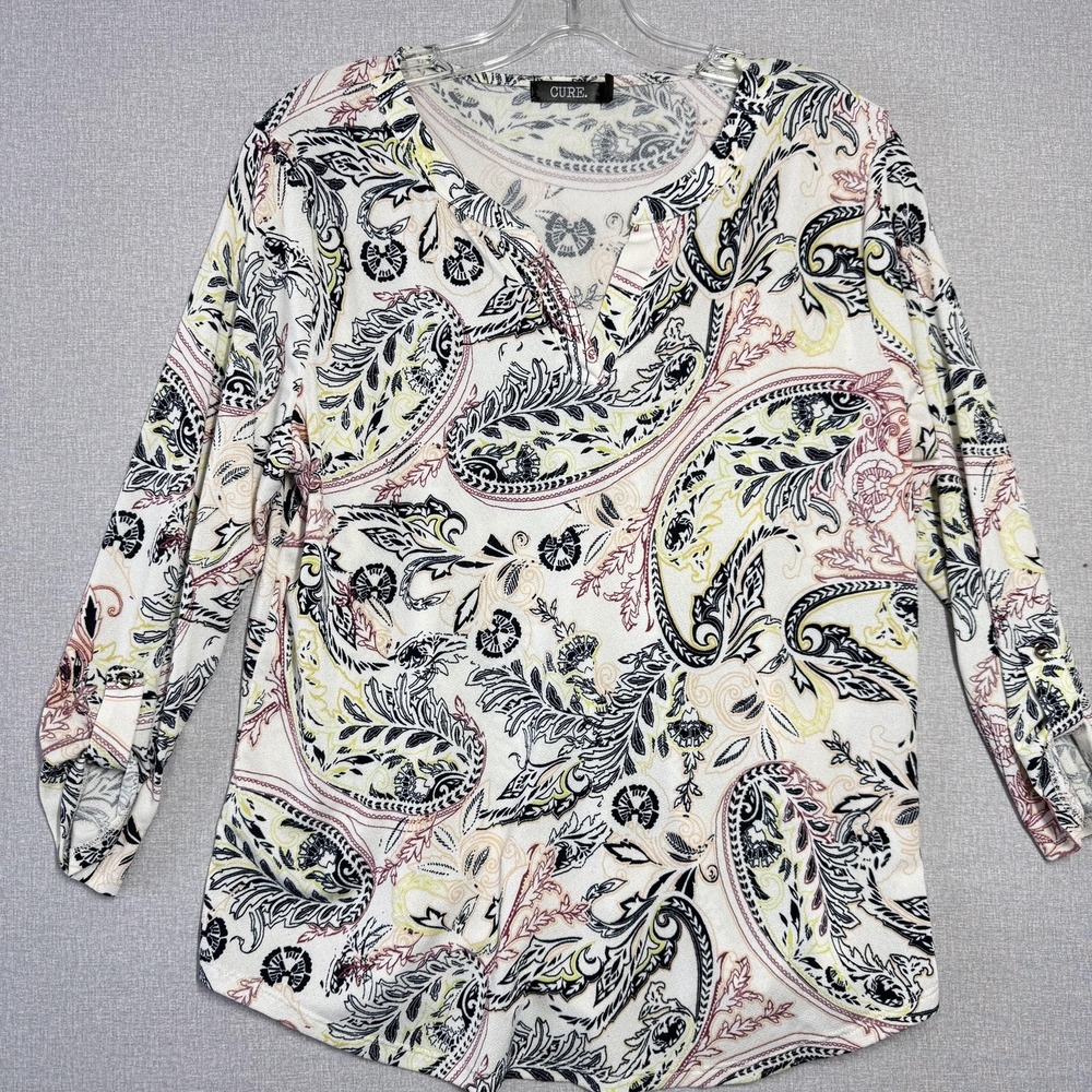 CURE. Shirt Womens Medium Multicolor Paisley V Neck‎ Long Sleeve Stretch Top